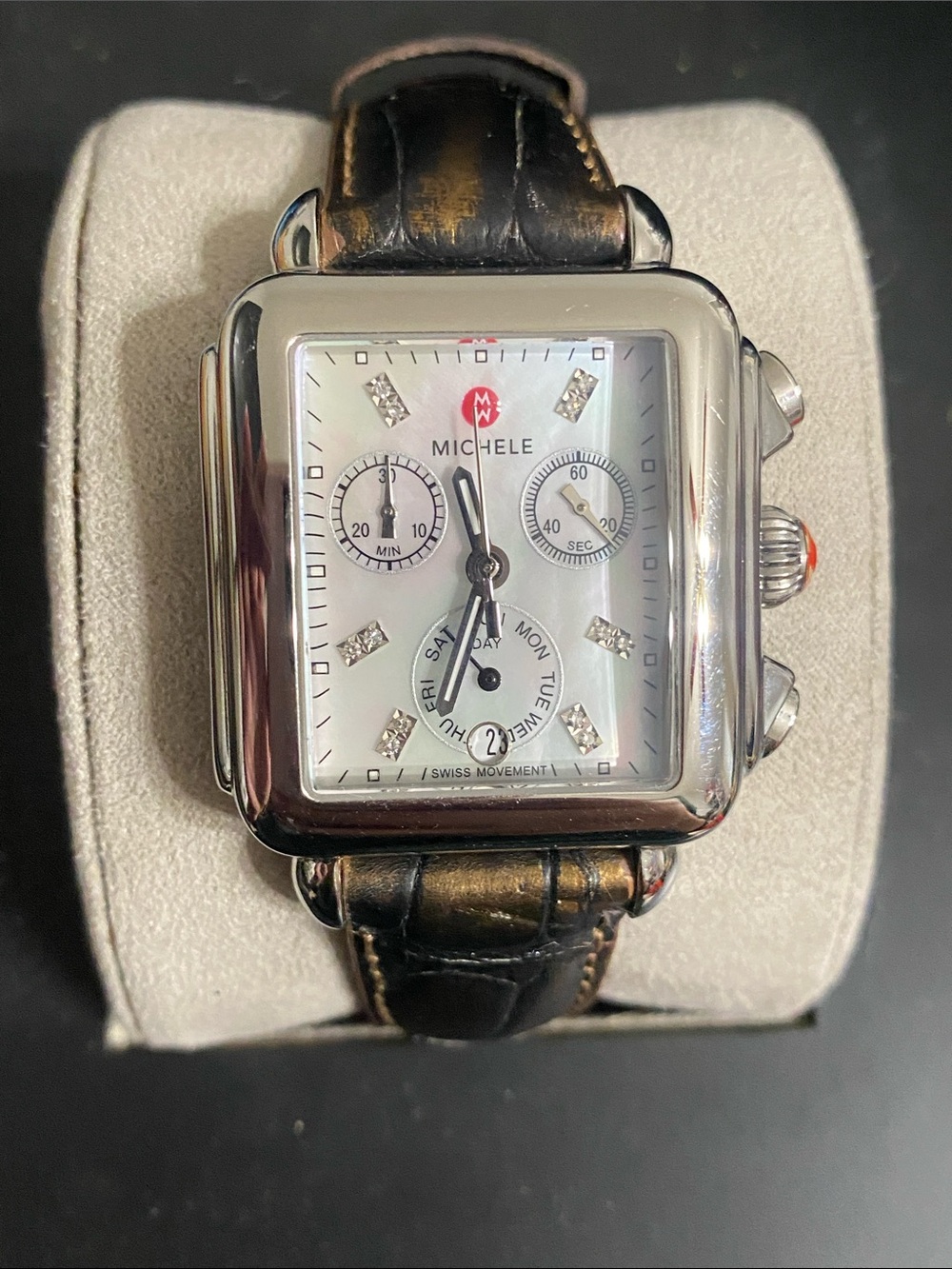 Michele Mother-of-Pearl Dial Diamond Accent Chronograph Watch - Black/Gold Strap